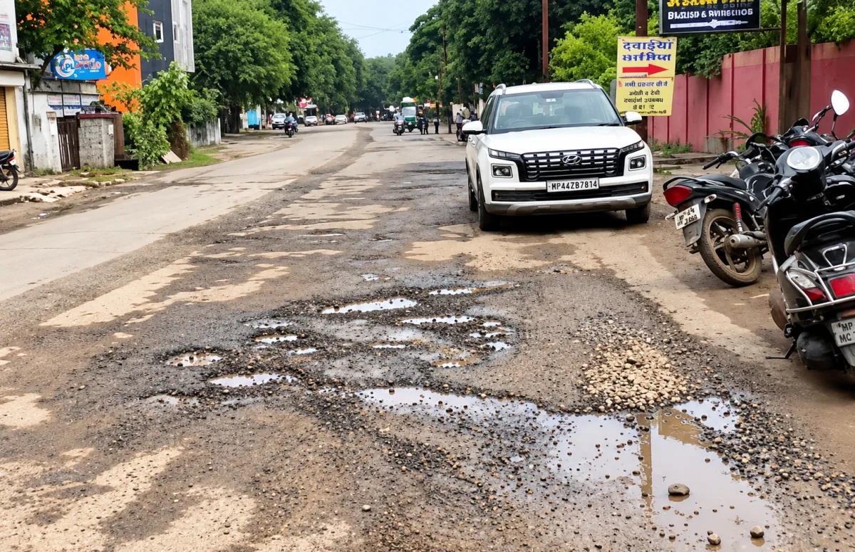 गड्ढों से पटी सड़क पर बन रहा डिवाइडर, अतिक्रमण और अधूरे सड़क निर्माण को लेकर उठे सवाल